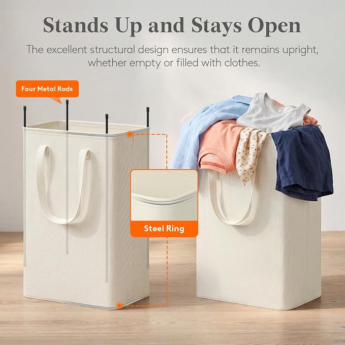 Lifewit Slim Collapsible Laundry Basket with Handles, 50L, Ivory | Narrow Laundry Hamper for Dirty Clothes, Tall Thin Laundry Bin, Small Clothes Hamper for Bathroom, Bedroom, RV, Dorm