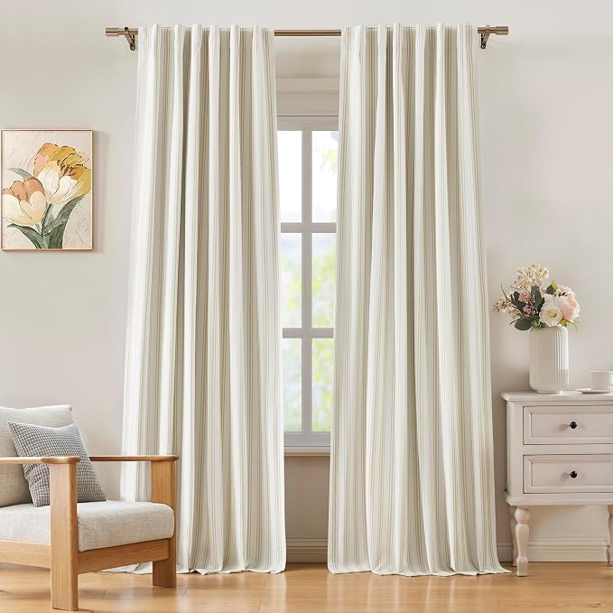 ZJDECOR 84 Inches Beige Striped Full Blackout Curtains for Bedroom | Stripe on White Cotton Blend Light Filtering with White Liner,Darkening Window Treatment,Back Tab Rod Pocket,55"Wx84"Lx2