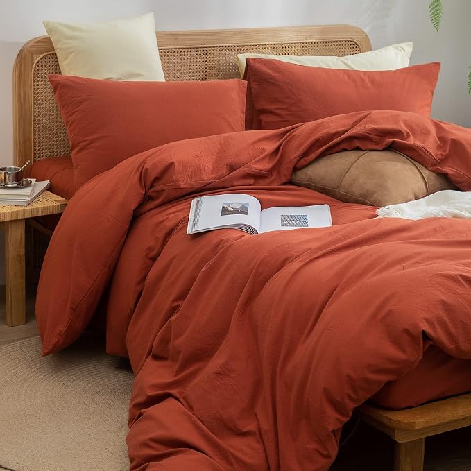 BESTOUCH Cotton Solid Duvet Cover Set Linen Feel Burnt Brick Red Queen | 100% Washed Cotton, Soft Wrinkle Texture, Hidden Zipper, 8 Ties, Breathable Lightweight Durable Comfy, 3 Pcs No Insert