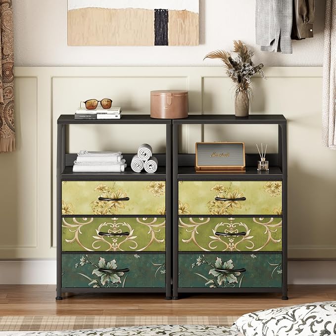Furnulem Retro NightStand with 3 Drawer, Small Vintage Storage Dresser | Small Fabric Night stand Side Table with 2-Tier Shelf, Storage Drawer for Dorm, Closet, Bedside Table, Metal Frame, Wood Top