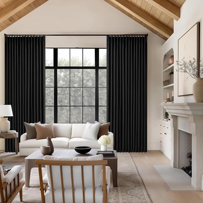 Black Pinch Pleated 100% Blackout Linen Bedroom Curtains 96 Inch Length | Double Layer Curtains, Pleat with Ring Hooks Back Tab, Black Out Room Darkening Drapes, for Living Room, 40x96 2 Panels Set