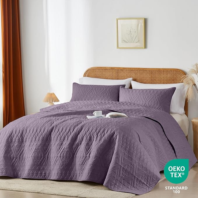 akkialla Twin Quilt Set, Grayish Purple Lightweight Microfiber Bedspread Coverlet, Boho Geometric Pattern, Soft All-Season Bedding, 2-Piece (1 Quilt, 1 Pillow Sham)