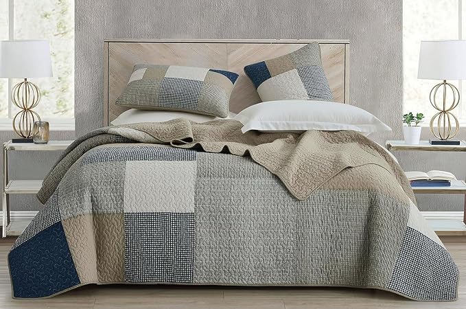 Chezmoi Collection Addy 3-Piece Navy Blue White Gray Taupe Plaid Patchwork Quilt Set - Pre-Washed Cotton Quiltd Lightweight Reversible Bedspread for All Seasons, Oversized King Size