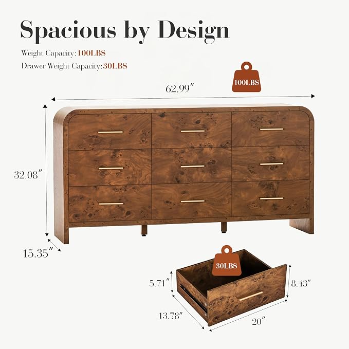 Curved 9-Drawer Dresser for Bedroom, 63" Wide Modern Chest of Drawers, Vanity Desk TV Stand for Living Room, Closet Storage Drawers Organizer Furniture, Nursery, Hallway, Dark Burl