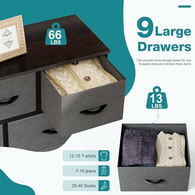 OLIXIS 9 Drawer Fabric Dresser for Bedroom, Closet Organizer Storage Tower | Easy-Pull Chest of Drawers, Lightweight Clothes Organizer, Anti-Tip Design, Space-Saving Storage for Dorm, Apartments, Gray