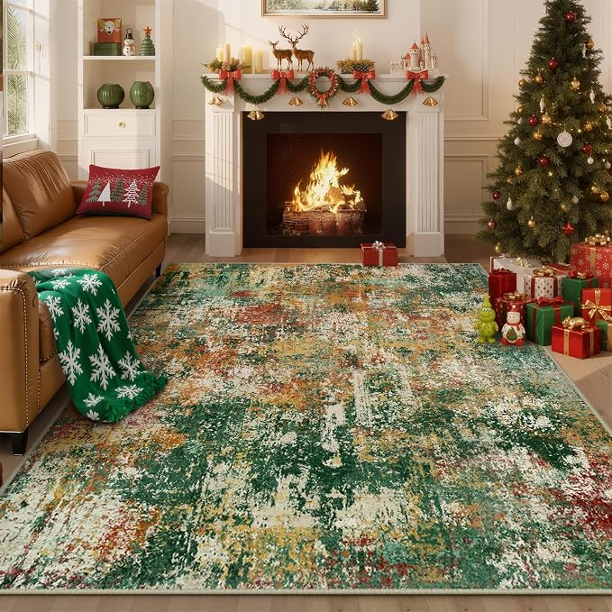 RELEANY Washable 4'x6' Abstract Area Rug for Living Room Green Multi | Carpet for Bedroom, Kitchen, Office, Hallway and Entryway, Printed Pattern, Non‑Slip, Soft, Stain‑Resistant, Easy to Clean