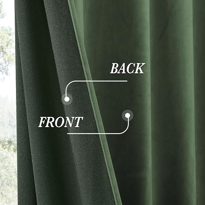 RYB HOME Army Green Velvet Curtains 90 inches for Bedroom Living Room | Thermal Insulated, Privacy UV Block, Noise Reducing, Energy Saving, Luxury Window Decor for Dining Room, W52 x L90, 2 Panels