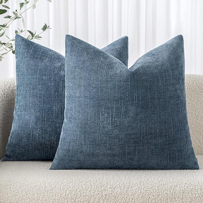 MIULEE Textured Chenille Throw Pillow Covers 18x18 Inch Smoke Blue | Pack of 2 Decorative Soft Throw Pillows, Solid Textured Cushion Covers, Modern Home Decor for Couch Sofa Bedroom Living Room
