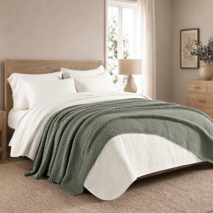 EVERGRACEHOME Chunky Chenille Knit Throw Blanket, 90x90, Dried Thyme Green | Sculpted Moss Stitch, Chic Modern Farmhouse, All-Season Warmth, OEKO-TEX® Certified, Oversized Queen for Couch, Bed, Sofa