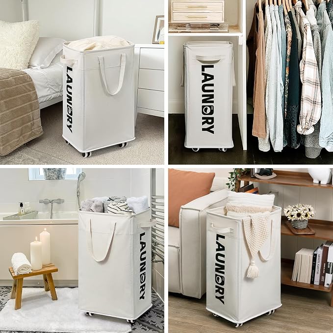 Goodpick 2-Pack Laundry Hamper with Wheels & Wash Bag for College Dorm, 75L | Clothes Hamper with Removable Wash Bag for Laundry Room, Large Rolling Laundry Basket with Handles, White