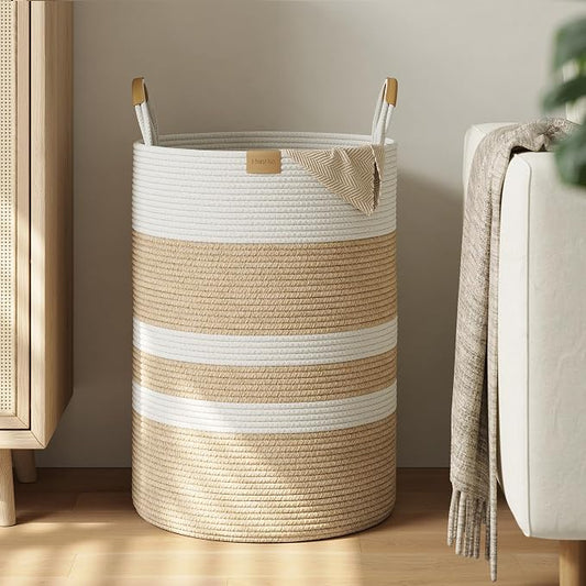 Nunsino 95L Striped Laundry Hamper with Leather Handles,Large Foldable Laundry Basket for Clothes,Cotton Rope Storage Bin for Blankets,Woven Clothes Basket for Bedroom,Beige Stripes