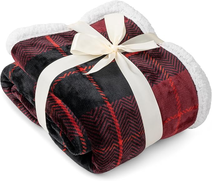 PAVILIA Twin Plaid Sherpa Throw Blanket for Couch Sofa Bed, Black Red 60x80 | GSM 460; Soft Plush Flannel Fleece; Warm&Cozy for Home; Machine Washable, Perfect Cabin Decor Winter Holiday Christmas Gift