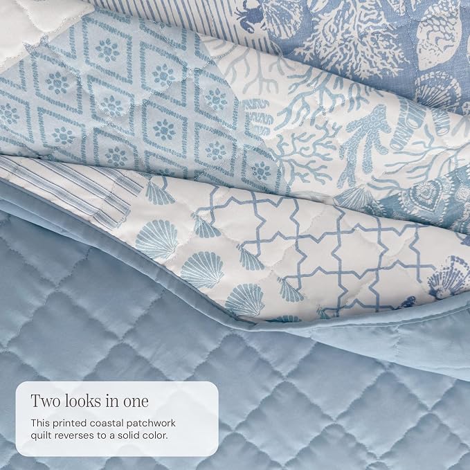 King Quilt Set-3 Pieces Soft Bedding Lightweight Floral Patchwork Coverlet | All Seasons Quilts Queen Size for Bed, 1 Quilt (106" x 94") and 2 Shams (20" x 36"), Vintage Bedspread, Sea Blue