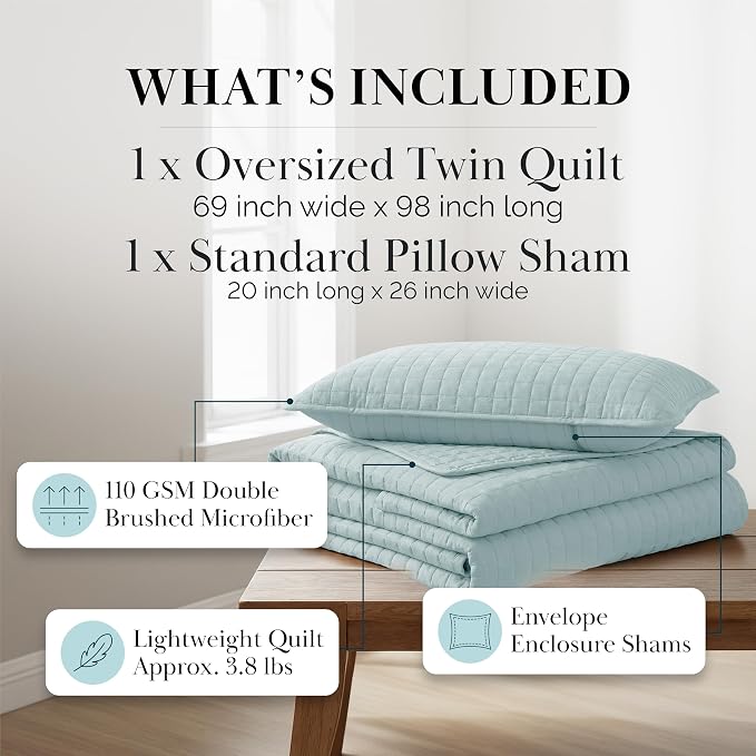 Southshore Fine Living, Inc. Twin Quilt Bedding Set, Soft Microfiber Coverlet Bedspread, Stain and Pet Hair Resistant Bedding, XL Twin Blue Quilt Bedspread Set with 1 Pillow Sham, Sky Blue