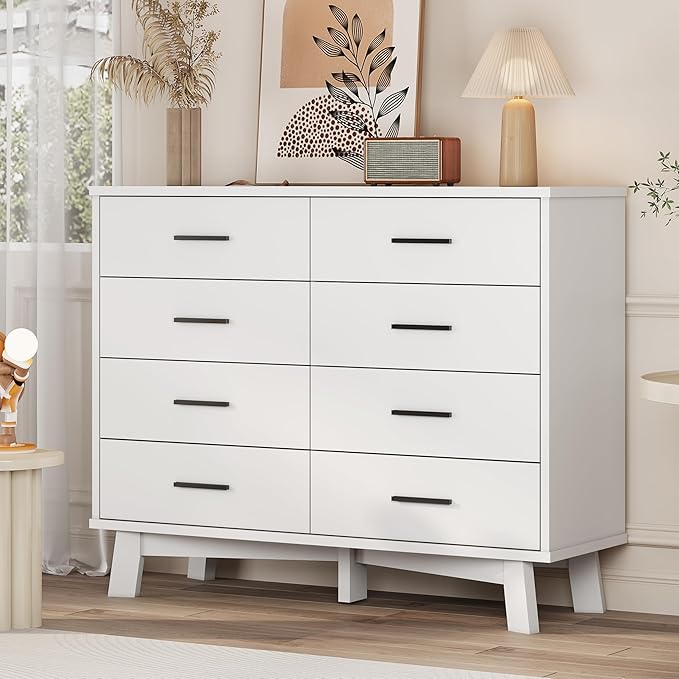 Xixini Dresser for Bedroom, 8 Drawer Wide Modern Chest of Drawers with X-Shaped Sturdy Base, Wood Double Dresser Closet Clothes Storage Organizer, Wooden TV Stand for Living Room, Hallway, White