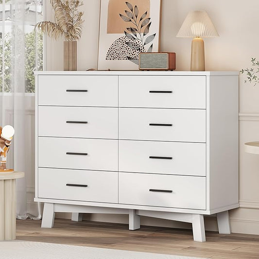 Xixini Dresser for Bedroom, 8 Drawer Wide Modern Chest of Drawers with X-Shaped Sturdy Base, Wood Double Dresser Closet Clothes Storage Organizer, Wooden TV Stand for Living Room, Hallway, White