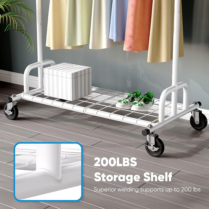 HOKEEPER Clothes Rack Collapsible Clothing Rack Capacity 525LBS White | Clothing Racks on Wheels Heavy Duty Rolling Clothes Rack for Hanging Clothes for bedroom, Commercial, 22"D x 75"W x 71"H