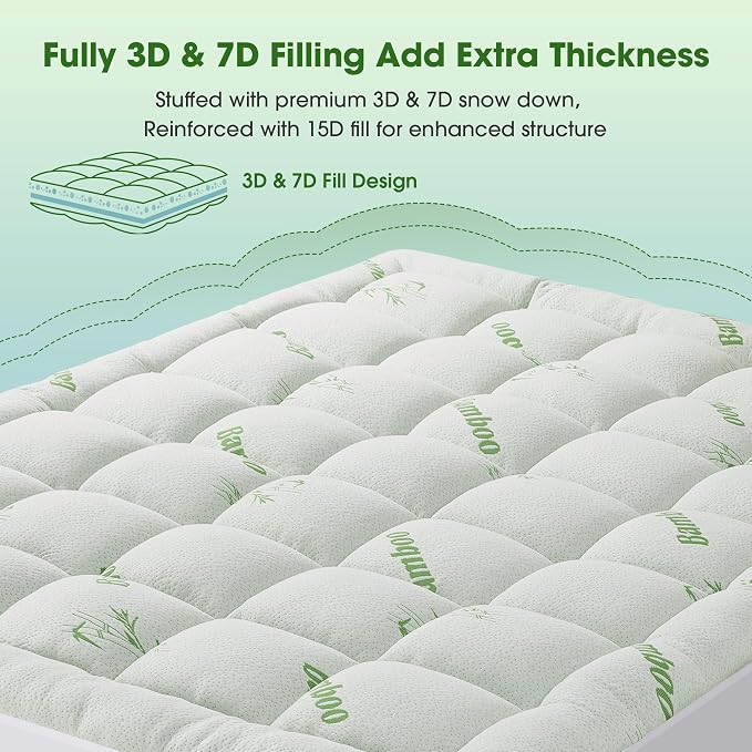 Mattress Pad Queen Size, Cooling Pillow Top Mattress Topper, Ultra Soft Viscose Made from Bamboo, Breathable for Hot Sleepers, Deep Pocket 8"-20", Green
