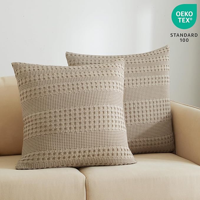 PHF 100% Cotton Waffle Weave Euro Sham Covers, 2 Pack 26" x 26" Bed Pillow Covers for Elegant Home Decor, No Filling, Luxury Aesthetic Soft Euro Pillow Cases for Bed, Simply Taupe