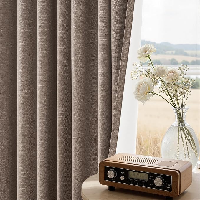 Topfinel 72 Inch Blackout Curtains for Bedroom Heat Blocking Linen Blended Energy Efficient Insulated Boho Farmhouse Cabin Closet Back Tab Dark Brown Bay Windows Drapes 2 Panels Set