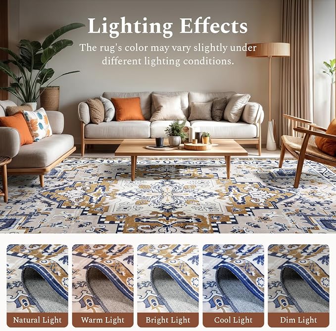 Rugflix 9x12 Area Rugs for Living Room, Washable Light Brown Large Rug | Machine Washable; Stain-Resistant; Low Pile; Non-Slip; Boho Vintage Printed; Carpet for Bedroom Dining Office Nursery Home
