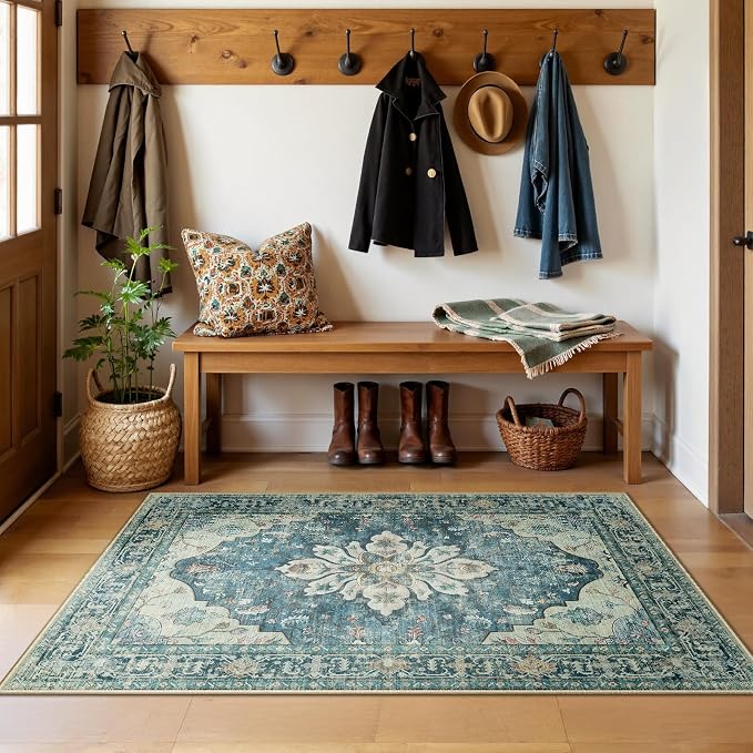 RELEANY Washable Area Rug, 3'x5', Blue/Vintage Dark Blue | Non-Slip, Water Repellent, Pet Friendly, Easy to Clean, Vintage Floral Boho Decor for Living Room Bedroom Beside Kitchen