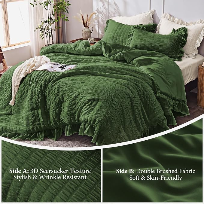 JOLLYVOGUE Dark Green Twin/Twin XL Comforter Set, 2 Pieces Seersucker Lightweight Fluffy Bedding Set, Twin Ruffle Comforter, All Season Soft Microfiber Shabby Chic Bed Set