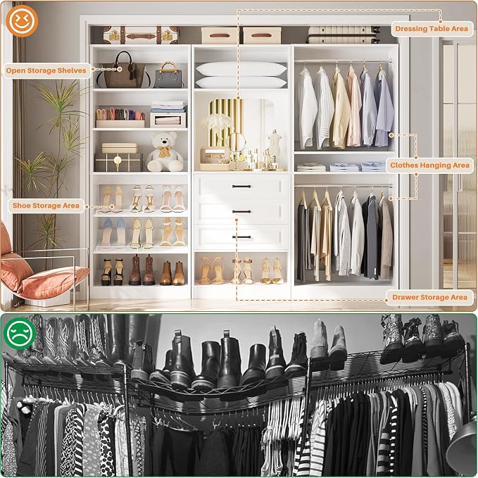 Unikito 75" Modular Closet System with 3 Sets, Mirror & Drawers, White | Hanging Rods & Adjustable Shelves, Freestanding Wood Wardrobe Garment Rack, Walk in Tower Clothes Storage Organizer Unit