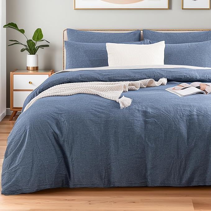 NEXHOME PRO Duvet Cover Set Linen Feel Textured Organic Natural 100% Washed Cotton Duvet Cover Bedding Set with Zipper Closure, Breathable(No Comforter)