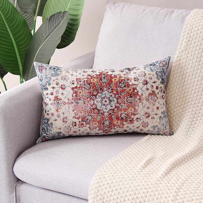 Outdoor Waterproof Pillow Set of 2 - 12 X 20 Inch Blue Orange Bohemian Vintage Carpet Pattern Ethnic Design Decorative Farmhouse Pillow Covers for Couch Garden Balcony