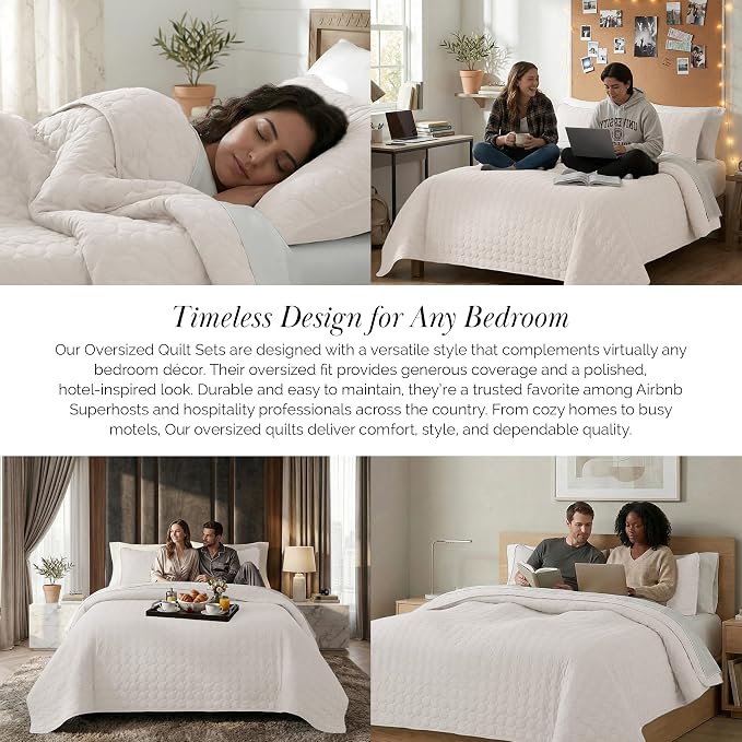 Southshore Fine Living, Inc. Twin XL Quilt Bedding Set, College Dorm Bedding Essentials, Stain Resistant, Microfiber Quilt, Twin XL Bedspread with Pillow Sham, Lightweight Bedspread, Bone Color