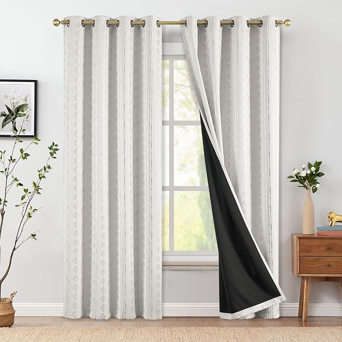 jinchan Boho Blackout Curtains 90 Inches Long for Bedroom Living Room | Silver on Off White Geometric Foil Printed Grommet Curtains Room Darkening Thermal Insulated Window Treatments 2 Panels