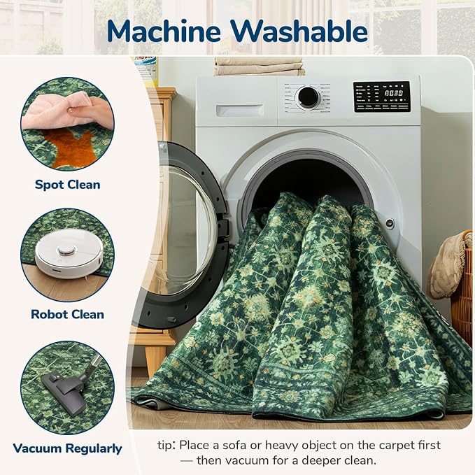 5 x 8 Washable Area Rugs for Living Room,Soft Non Slip Carpet Green | Durable Stain Resistant,Kid Pet Friendly,Compatible with All Vacuums,0.25inch Low Pile for Bedroom Dining Room Home Office