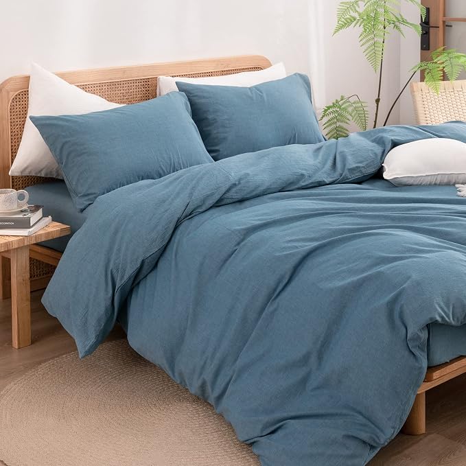 BESTOUCH Cotton Solid Duvet Cover Set Linen Feel Dark Blue Queen | 100% Washed Cotton, Soft Wrinkle Texture, Hidden Zipper, 8 Ties, Breathable Lightweight Durable Comfy, 3 Pcs No Insert