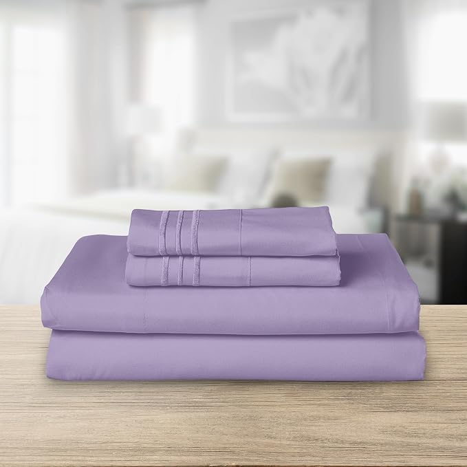 Elegant Comfort Luxurious 1500 Premium Hotel Quality Microfiber Three Line Embroidered Softest 4-Piece Bed Sheet Set, Wrinkle and Fade Resistant, Twin/Twin XL, Lavender