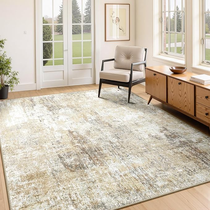 RELEANY Washable 4'x6' Abstract Area Rug for Living Room Neutral Brown | Carpet for Bedroom, Kitchen, Office, Hallway and Entryway, Printed Pattern, Non‑Slip, Soft, Stain‑Resistant, Easy to Clean