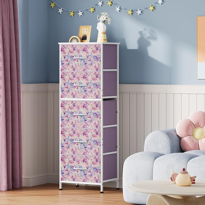 WLIVE Tall Dresser for Bedroom, 5 Drawer Dresser, Tie-Dye | 5 vertical fabric drawers, Tall vertical design, Bedroom or closet use, Dresser for small spaces, Chest of drawers