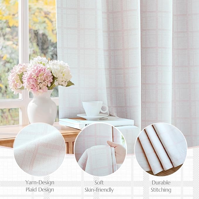 Beauoop Pink Plaid Jacquard Blackout Curtains for Bedroom 52x63 2 Panels | Gingham Checkered Room Darkening Drapes for Living Room 63 Inch Long Thermal Insulated Soundproof Window treatment Grommet