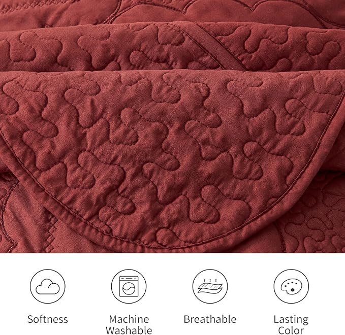 Cmfshape Floral Embroidery Quilt Set,3 Pieces Queen Quilt Bedding Set,Classic Diamond Pattern Quilts,Ultra Soft Lightweight Reversible Bedspread Coverlets for All Season(Burgundy,90"x90")