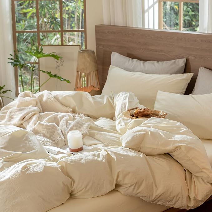MooMee Wavy Striped Duvet Cover Set 100% Washed Cotton Linen Like Textured Breathable Durable Soft Comfy (Cream White, Super King Plus 120"x120")