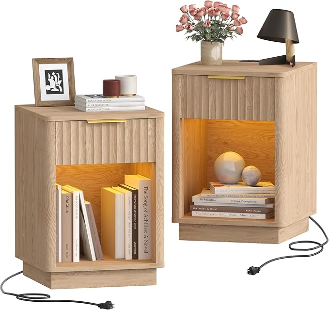 Akxomel Fluted Nightstand Set 2 Bedside Table with Charging Station Oak | Wooden Side Table with LED Light, Modern Mid Century End Table with Drawer, 15" D x 15.7" W x 22.6" H, for Bedroom