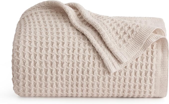 Bedsure 100% Cotton Throw Blanket for Couch, Waffle Weave, Beige, 50"x70" | Breathable, Soft, Cozy, Cooling, Waffle Texture, Summer Blanket, Gifts for Women, Machine Washable, All Seasons