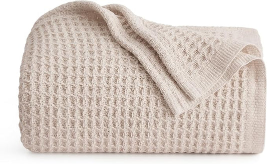 Bedsure 100% Cotton Throw Blanket for Couch, Waffle Weave, Beige, 50"x70" | Breathable, Soft, Cozy, Cooling, Waffle Texture, Summer Blanket, Gifts for Women, Machine Washable, All Seasons