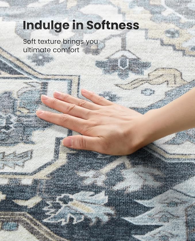 AMADA HOMEFURNISHING 8x10 Area Rug, Washable Low-Profile Large Area Rug with Non-Slip Backing & Durable Edge Binding, Vintage Large Rugs for Living Room, Bedroom