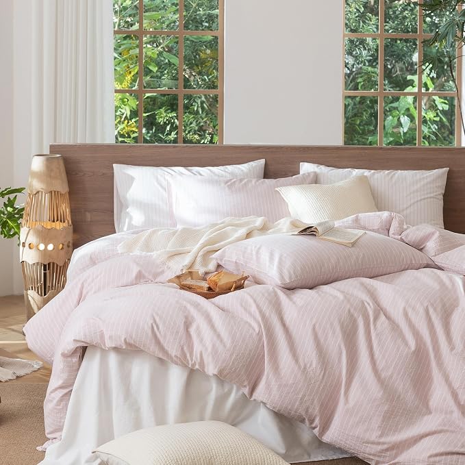 MooMee Striped Duvet Cover Set 100% Washed Cotton Linen Like Queen | Relaxed Linen-like Texture. Soft, Breathable & Long-lasting Comfort. Lightweight. Hidden Zipper with 8 Interior Corner Ties