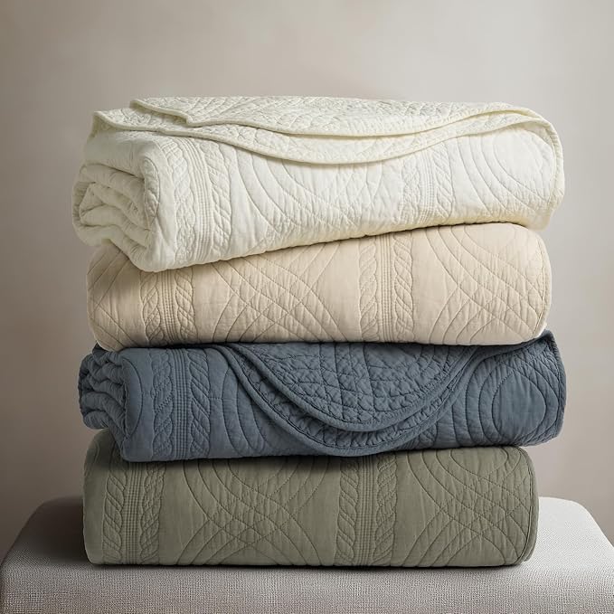 100% Cotton Scallop Quilt Set, King Size, Stormy Blue | Scalloped Border, Timeless Chic Aesthetic, All-Season Comfort, Perfect French Country Bedroom Decor, 3 Piece Set with 2 Shams