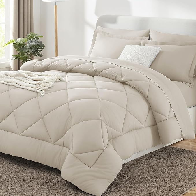 King Size Comforter Set Beige - 7 Pieces Complete Bedding Set | OEKO-TEX Certified, All Season, 240GSM Down-Alternative Comforter, Sheets, Pillowcases & Shams, 14" Deep Pocket, Easy Care