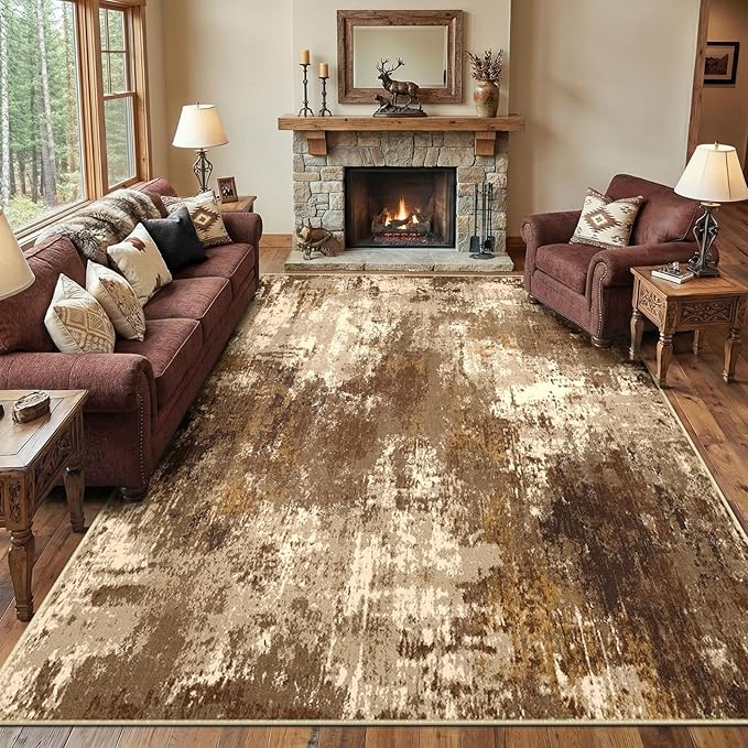 RELEANY Washable 9'x12' Abstract Area Rug for Living Room Brown Tan | Carpet for Bedroom, Kitchen, Office, Hallway and Entryway, Printed Pattern, Non‑Slip, Soft, Stain‑Resistant, Easy to Clean