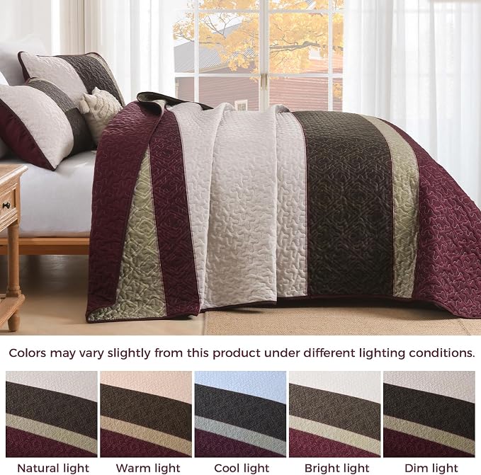 Cottolester King Size Quilt Set,Burgundy Striped Plaid Bedsperad Coverlet | Modern Boho Style,Striped Plaid Design,Ultra Soft Lightweight Microfiber Quilted Bedding Sets for All Seasons 110"x90"
