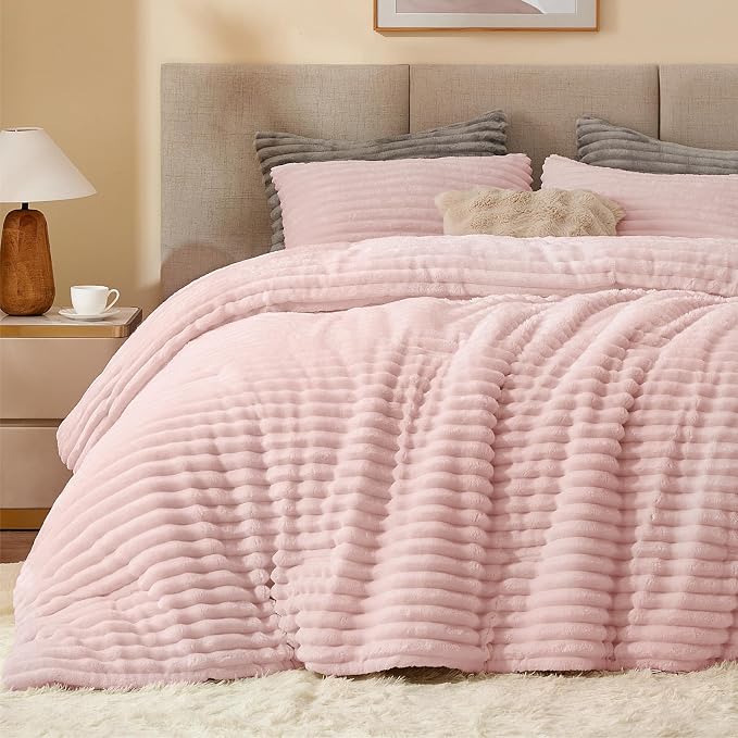 BEDELITE Fleece Queen Comforter Set, Fluffy Bed Set, Pink | Super Soft & Warm Bedding, Luxury Fuzzy Faux Fur Comforter for Winter, Heavy Plush Bedding, with 2 Pillowcases